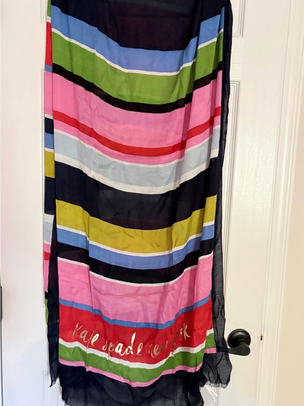 NWT Kate Spade New York  Striped Viscose Scarf Navy, Pink, Green, Black